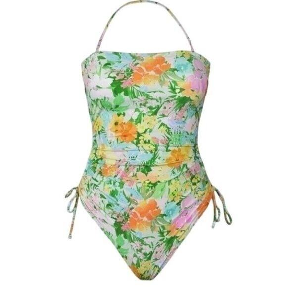 Cupshe Women’s One Piece Strapless Swimsuit Medium Floral Print Side Tie Halter - Picture 4 of 7